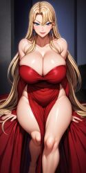 1girls ai_generated big_breasts blonde_hair blue_eyes blush calves cleavage dress earrings exposed_thighs hourglass_figure kurashiki_reika large_breasts long_dress looking_at_viewer midriff milf navel red_dress saimin_seishidou smiling_at_viewer stable_diffusion tagme thick_thighs wide_hips yodayo