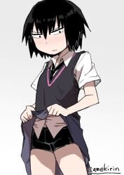 1girls angry bike_shorts camekirin looking_at_viewer marvel peni_parker school_uniform short_hair shorts skirt_lift spats spider-man:_into_the_spider-verse