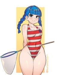 blue_eyes blue_hair character_request dimples female freckles heart-shaped_pupils kuromaruart looking_at_viewer one-piece_swimsuit small_breasts smile swimsuit tagme twin_braids