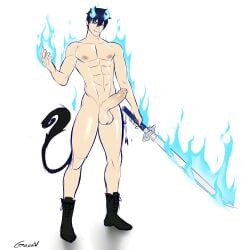 aged_up ao_no_exorcist bishonen boner demon_boy erect_penis erection full_color gasaiv high_resolution male_only muscular_male naked_with_shoes_on nude_male okumura_rin penis solo_male sword tagme twunk uncensored uncensored_penis