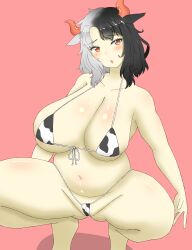 big_breasts bikini black_hair blush cow_print cow_print_bikini doors_drop horns huge_breasts pink_background red_eyes shiny_skin solo touhou two_tone_hair urumi_ushizaki white_hair