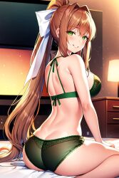 1girls ai_generated brown_hair doki_doki_literature_club green_eyes green_lingerie hair_ribbon lingerie_only monika_(doki_doki_literature_club) on_knees ponytail view_from_back view_from_below white_ribbon wholesome