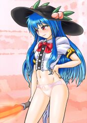 blue_hair blush bottomless_female hat looking_away mail_(mail_gell) panties red_eyes sword tagme tenshi_hinanawi touhou