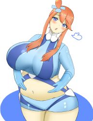 big_breasts blue_eyes blush breasts clothed clothing doors_drop game_freak huge_breasts midriff nintendo pokemon pokemon_bw red_hair skyla_(pokemon) solo