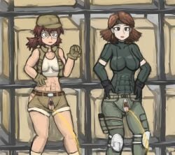 2girls abs breasts clothed female female_only female_pubic_hair fio_germi meryl_silverburgh metal_gear_solid metal_slug multiple_girls muscular_female peeing pubic_hair tagme urination