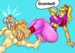 artist_request barefoot blonde_hair dialogue footjob i_dream_of_jeannie jeannie