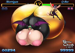 2girls areolae ass ass_expansion bee bee_girl bee_sting being_stung belly big_areola big_ass big_belly big_breasts big_nipples breast_expansion breasts capcom darkstalkers female female_only game_hud gigantic_breasts health_bar honey hud hyper inflation morrigan_aensland nipples points q-bee score skin_color_change snowchanda_(artist) succubus tagme timer wings