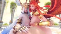 1boy 2girls azeyma_the_warden female ffm_threesome final_fantasy final_fantasy_xiv goddess halone large_breasts paizuri pov red_hair titjob valkyrie white_hair