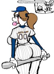 2023 ass ball base baseball_cap baseball_uniform big_ass big_butt blush brown_hair clothed comic gloves hat large_ass looking_at_viewer looking_back mascot minigonchar mrs._met peace_sign ponytail round_ass shitpost sketch standing thighs