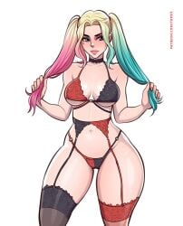 1girls batman_(series) big_breasts blonde_hair bra cameltoe choker dc dc_comics female female_focus female_only garter_belt harleen_quinzel harley_quinn harley_quinn_(series) lingerie multicolored_hair panties solo solo_female solo_focus stockings thick_thighs toksie twintails voluptuous voluptuous_female wide_hips