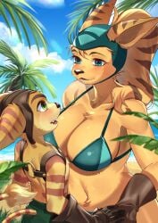 1boy 1boy1girl 1girls absurd_res alien angela_cross_(ratchet_and_clank) anthro beach big_breasts bikini blue_eyes blush bottomwear breasts clothing curvy_figure female fur gloves green_eyes hair handwear headgear headwear hi_res kamenosachi larger_female lombax_(ratchet_and_clank) looking_at_another male mammal markings palm_tree plant ponytail ratchet_(ratchet_and_clank) ratchet_and_clank sea seaside shorts size_difference sky smaller_male sony_corporation sony_interactive_entertainment striped_body striped_ears striped_fur striped_markings striped_tail stripes swimwear tail tail_markings tree voluptuous water wide_hips yellow_body yellow_fur