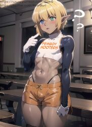 1boy ai_generated aiser0 blue_eye bulge crop_top cute_male dark_skin femboy femboy_hooters gloves green_eye heterochromia highleg hooters male male_only mare_bello_fiore midriff navel otoko_no_ko overlord_(maruyama) pointy_ears short_hair shorts solo thick_thighs thighs thong_straps