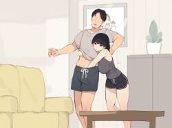 1boy 1girls black_hair black_shorts breasts ce-_-3 couch faceless faceless_male father_and_daughter female fumika_akiyama grey_shirt hand_under_clothes hand_under_shorts highres incest indoors large_breasts light-skinned_female light-skinned_male light_skin original pepper0 photo_(object) plant ryosuke_akiyama shirt shorts standing straight t-shirt table