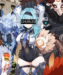 1girls big_breasts blue_hair censored censored_eyes churled clothed eula_(genshin_impact) eye_censor genshin_impact hilichurls_(species) hips lawachurl many_on_one mitachurl no_sex samachurl stonehide_lawachurl thick_thighs thighs tie wide_hips xooku