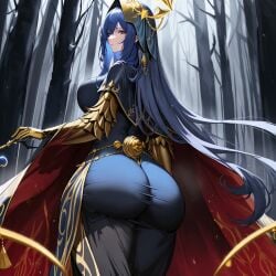 ai_generated big_ass big_butt blue_clothes blue_clothing blue_eyes blue_hair bubble_butt chaos_(warhammer) cult cultist feathers forest gold_(metal) gold_jewelry jewelry large_ass large_butt tzeentch unstable_diffusion wand warhammer_(franchise) warhammer_40k warhammer_fantasy