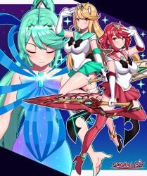 3girls alternate_costume bishoujo_senshi_sailor_moon breasts clothing cosplay female female_only long_hair medium_breasts mythra nintendo pneuma_(xenoblade) pyra sailor_moon sailor_moon_(cosplay) sarukaiwolf short_hair skirt stockings xenoblade_(series) xenoblade_chronicles_2