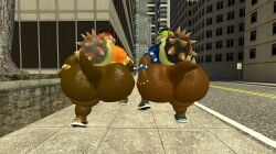 anthro ass big_butt bottomless bottomless_male brother_(lore) brothers_(lore) brown_body brown_skin city clothed clothing dragon duo hi_res huge_butt kane_brent_koopa kaze_brent_koopa koopa male mario_(series) metal_bands nintendo overweight overweight_male plant reptile scalie shell sibling_(lore) sidewalk slightly_chubby tecbuttlovefa thick_thighs tree twins_(lore)