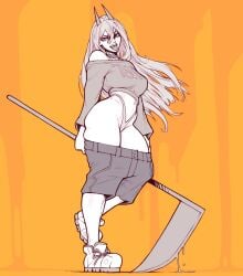 1girls chainsaw_man demimond23 female female_focus female_only highleg_panties panties pants_down pants_pull power_(chainsaw_man) shorts_pull solo solo_female solo_focus thick_thighs thong undressing wide_hips