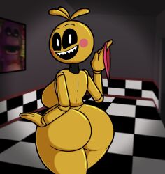 1girls 2021 4_fingers animal_humanoid animatronic ass background badguynek big_ass big_breasts black_sclera completely_nude completely_nude_female cute dialogue female female_only five_nights_at_freddy's holding_panties looking_at_viewer looking_back naked naked_female nude nude_female panties panties_around_finger pink_panties sharp_teeth sideboob smile solo solo_female tagme toy_chica_(fnaf) video_games white_pupils yellow_body