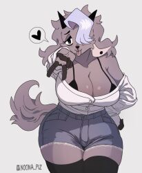 1girls 2023 big_breasts black_eyes blep breasts caprine ear_piercing female female_only furry furry_only goat goat_ears goat_girl goat_horns goat_tail grey_body grey_fur grey_hair heart huge_breasts mlem noona_(noona_plz) noona_plz peace_sign purple_hair signature simple_background stockings tail tongue tongue_out