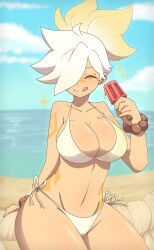 beach big_breasts bikini body_markings bracelet breasts cleavage closed_eyes clothed clothing cloud curvy eyelashes female hair_over_one_eye high_ponytail holding_popsicle legs licking_lips lieumare long_hair orange_highlights outdoors popsicle raiko_(lieumare) side-tie_bikini sky smile sparkle tagme thighs tongue tongue_out white_bikini white_hair