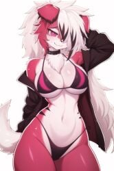 1girls ai_generated animal_ears anthro bra breasts chest_tuft clothing dog_ears female female_only fur generation_7_pokemon lycanroc midnight_lycanroc multicolored_body multicolored_fur nintendo panties pokemon pokemon_(species) red_body red_eyes red_fur soda_uyu sywu02 underwear white_body white_fur white_hair