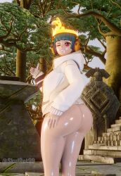 3d ass blender bottomless bubble_butt crown cyan_hair fortnite hand_on_butt headphones hoodie huge_ass looking_at_viewer red_hair shiny_skin short_hair skulrot99 thumbs_up wink yuki_(fortnite)