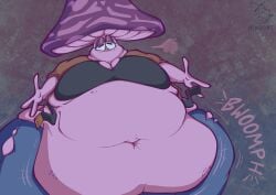 artist_signature belt belt_unbuckled bloated_belly bottom_heavy fat fat_face jacket jeans large_breasts mangogurti_(artist) mushroom mushroom_girl no_mouth obese onomatopoeia overweight purple_body ripped_clothing ripped_pants sigh tank_top thick_thighs thighs tummy wide_hips