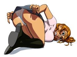 ankles_crossed ass_focus auburn_hair big_butt black_boots blush breasts_on_ground cameltoe clenched_teeth embarrassed gao23 glasses grabbing_skirt grey_eyes grey_skirt hair_on_floor head_down_ass_up knees_together lace_panties large_breasts light_blue_panties pantyshot pink_shirt skirt_tug skirt_up tasha_(gao23) viewed_from_behind