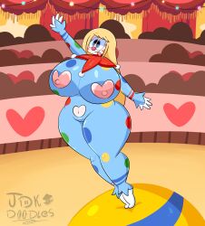 1girls alternate_version_available areolae ball blonde_hair bodysuit clown clown_nose female female_only full_body heelen_(jdkdoodles) indoors inside jdkdoodles long_hair nipples original original_character smile solo solo_female standing standing_on_ball tent tiptoes tongue tongue_out