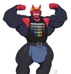 anthro ape asian_mythology barazoku belt_buckle big_biceps big_bulge black_body black_clothing black_fur black_shirt black_topwear bulge buzzybub clothing demon ear_piercing ear_ring east_asian_mythology fangs flexing flexing_both_biceps fur gorilla haplorhine hi_res horn huge_bulge japanese_mythology lgbt_pride male male_only mammal meme muscular muscular_arms muscular_male muscular_thighs mythology oni pecs piercing pride_color_clothing pride_colors primate red_body red_fur ring_piercing shirt solo teeth thick_thighs topwear yokai