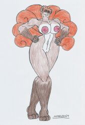 anthro big_breasts big_hips furry ginger_hair marlon64 naked naked_female pokemon pokemon_(species) red_nipples traditional_media_(artwork) vulpix