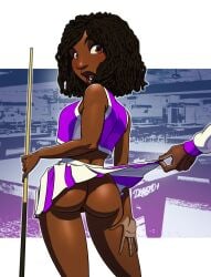 bare_midriff bare_shoulders big_butt brown_eyes brown_hair cheerleader cheerleader_uniform cue_stick dark-skinned_female gao23 jo_(gao23) large_breasts looking_at_viewer looking_over_shoulder no_panties open_mouth playing_pool pleated_skirt purple_clothing sideboob skirt_lift surprised_expression viewed_from_behind