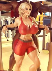 1girls 3d abs batman_(series) big_breasts blonde_hair cleavage dark-skinned_male dc dc_comics dr._harleen_quinzel female female_focus fit fit_female giant_breasts gym gym_uniform harleen_quinzel harley_quinn hourglass_figure huge_breasts imminent_sex injustice_2 interracial light-skinned_female looking_at_viewer male midriff muscular_female muscular_male sekaithereturn smiling unseen_male_face workout_clothes