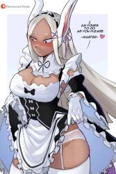 1girls black_and_white_clothing brown_eyes bunny_ears cleavage dark_skin deep_blush female foonie foonie_xd happy_sub lifting_skirt long_hair maid maid_apron maid_headdress maid_outfit maid_uniform miruko my_hero_academia obedient obedient_sub submissive submissive_female thick_thighs thighs two_tone_clothing two_tone_clothing_(blackandwhite) white_hair willing_sub