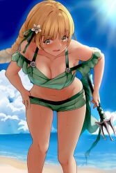 1girls absurdres adjusting_clothes adjusting_swimsuit alternate_costume bare_shoulders beach bikini blonde_hair blue_sky breasts cleavage cloud commentary_request day feet_out_of_frame female female female_only fire_emblem fire_emblem:_three_houses fire_emblem_heroes flower green_bikini green_eyes green_ribbons green_shorts green_swimsuit hair_flower hair_ornament hair_ribbon highres holding holding_polearm holding_weapon ingrid_brandl_galatea ingrid_brandl_galatea_(summer) large_breasts leaning_forward long_hair looking_at_viewer medium_breasts navel nintendo ocean off-shoulder_bikini off_shoulder official_alternate_costume open_mouth outdoors polearm ribbon sail10060054 sail_(sail-away) short_shorts short_sleeves shorts sky solo standing stomach swimsuit thighs trident water weapon white_flower