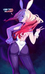 back_view blonde_hair blue_eyes bracelet bunny_ears bunny_tail bunnysuit earrings hand_on_hip long_hair looking_back original_character red_eyes red_hair tagme text thick_thighs tight_clothing void_dot_exe voluptuous