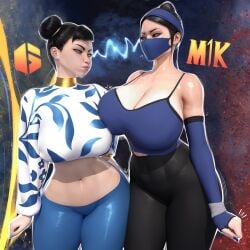 2023 2girls asian asian_female big_breasts black_hair blue_nails breast_size_difference breasts busty capcom chun-li clothed_female clothed_sex clothing crossover detailed_background eastern_and_western_character edenian facemask female female_only kitana kitana_(mk11) looking_at_another midway mortal_kombat mortal_kombat_11 multiple_girls nail_polish netherrealm_studios pale-skinned_female pale_skin popogori street_fighter street_fighter_6 tagme thick_thighs voluptuous