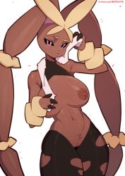 1furry 1girls big_breasts breasts breasts_out brown_fur bunny_ears bunny_humanoid busty female female_only fur furry furry_only long_ears lopunny mega_evolution mega_lopunny nipples pokemon pokemon_(species) rabbit_ears rabbit_humanoid satelyte tagme