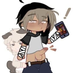 1:1 2boys bandaged_arm behind_another belt black_hair blonde_hair blue_pants dick dog_boy dog_ears dog_tail erect_penis erection exclamation_point eye_scar femboy femboydom gacha gacha_club gacha_life gay hand_on_leg holding_object holding_phone image light-skinned_male light_brown_eyes millozoom mobile_game pulling_down_pants removing_clothing removing_pants shit sweat sweatdrop two_tone_clothing two_tone_hair unbuckled_belt white_background white_clothing white_hair yaoi