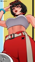 belly_button belt black_hair bracelet crop_top earrings epic_games evie_(fortnite) eyewear_on_head fear fortnite fortnite:_battle_royale glasses hand_on_head leggings looking_at_another looking_down meme red_lipstick storycatt sunglasses_on_head tagme thick_thighs viewed_from_below voluptuous wide_hips