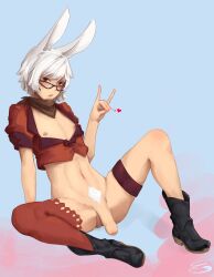 1boy 2020 \m/ absurd_res bent_legs blush bunny_ears final_fantasy final_fantasy_xiv flaccid foreskin gesture glasses heart looking_at_viewer male male_only no_underwear penis pubic_hair red_eyes short_hair sitting solo susho taiyo_akari viera white_hair white_pubic_hair