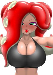 arms_in_front big_breasts blush huge_breasts looking_down looking_down_at_breasts nintendo nobunagapero octoling octoling_girl octoling_rival peronattu red_hair splatoon sweat_on_breasts sweating tank_top tentacle_hair tongue tongue_drip white_background