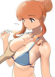 1boy alternate_hairstyle bikini breast_grab female girls_und_panzer hair_bun large_breasts orange_eyes orange_hair shita_(yagisauce_07) single_hair_bun solo_focus takebe_saori