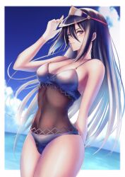 1girls bikini black_hair blue_sky cleavage fingerless_gloves hakusai morag_ladair_(xenoblade) nintendo ocean posing xenoblade_(series) xenoblade_chronicles_2 yellow_eyes