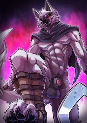 absurd_res animal_genitalia animal_penis anthro athletic athletic_anthro athletic_male balls black_sclera canid canine canine_genitalia canine_penis canis claws cloak clothing death_(puss_in_boots) double_holding dreamworks dual_holding fur genitals grey_body grey_fur gur-gahar hi_res holding_melee_weapon holding_object holding_weapon licking licking_lips looking_at_viewer male mammal melee_weapon pawpads penis puss_in_boots_(dreamworks) puss_in_boots_the_last_wish red_eyes solo tongue tongue_out weapon wolf