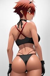 1girls ai_generated angry angry_expression angry_face ass back_view black_gloves black_hair breasts bubble_butt choker female fit fit_female gloves gym_clothes gym_clothing large_breasts long_hair looking_back original_character rear_view red_eyes red_hair ribbon_choker short_hair soulgen spiked_hair tan tan_body tanned tanned_female tanned_skin tomboy