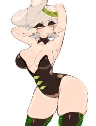 armpits arms_behind_head big_ass big_breasts blank_background breasts cleavage clothing eyes_half_closed eyes_half_open female female_only hands_behind_head hip_focus huge_ass huge_breasts large_breasts leggings marie_(splatoon) nintendo one_piece_suit one_piece_swimsuit perfect_body plain_background skindentation solo splatoon splatoon_(series) squid squid_girl squid_humanoid thick_thighs usa37107692 white_background wide_hips