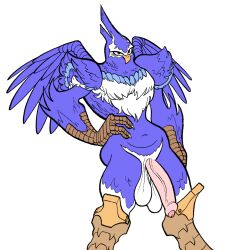 2022 2023 anthro avian balls beak bird blue_body blue_feathers color_edit colored erection feathers flatsfag genitals hi_res humanoid_genitalia kaboozey male muscular muscular_anthro non-mammal_balls nude penis pose scuted_arms scuted_legs scutes simple_background solo star_gladiator talons third-party_edit white_background white_body white_feathers zelkin