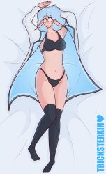 1girls bite bite_mark bite_marks blue_hair body_pillow bodypillow breasts casual_exposure coat coat_only coat_open disinterested female female female_focus female_only girl glasses kneehighs knees_together_feet_apart kneesocks light-skinned_female light_skin looking_away midriff on_back on_bed pointy_ears round_glasses small_breasts thick_ass thick_thighs thighs tricksterxin_(artist) underwear underwear_only vivian_(tricksterxin) wide_hips